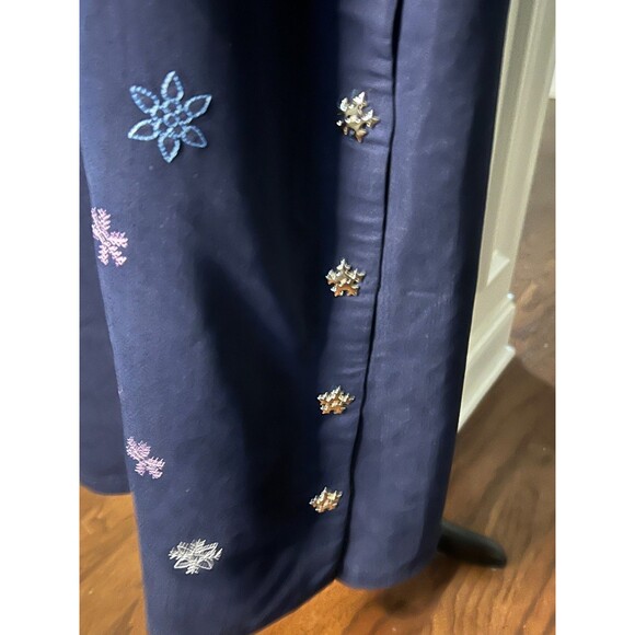 Fashion Classics Embroidered Snowman Christmas Maxi Dress Sz Large Navy Blue - Picture 8 of 10